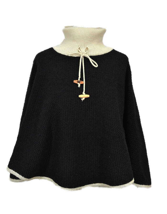 poncho tricoté pure laine noire en stock cet hiver