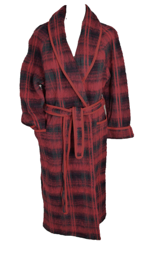 Robe de chambre laine des Pyrénées col châle écossais rouge