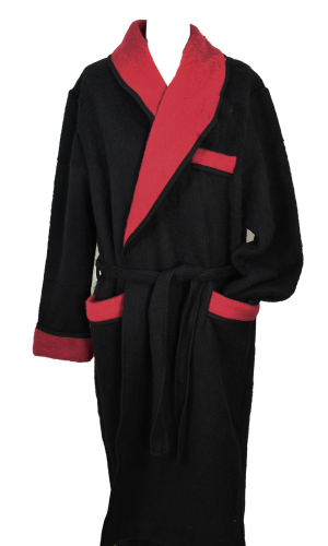 Robe de chambre homme laine des Pyrénées uni noir col rouge