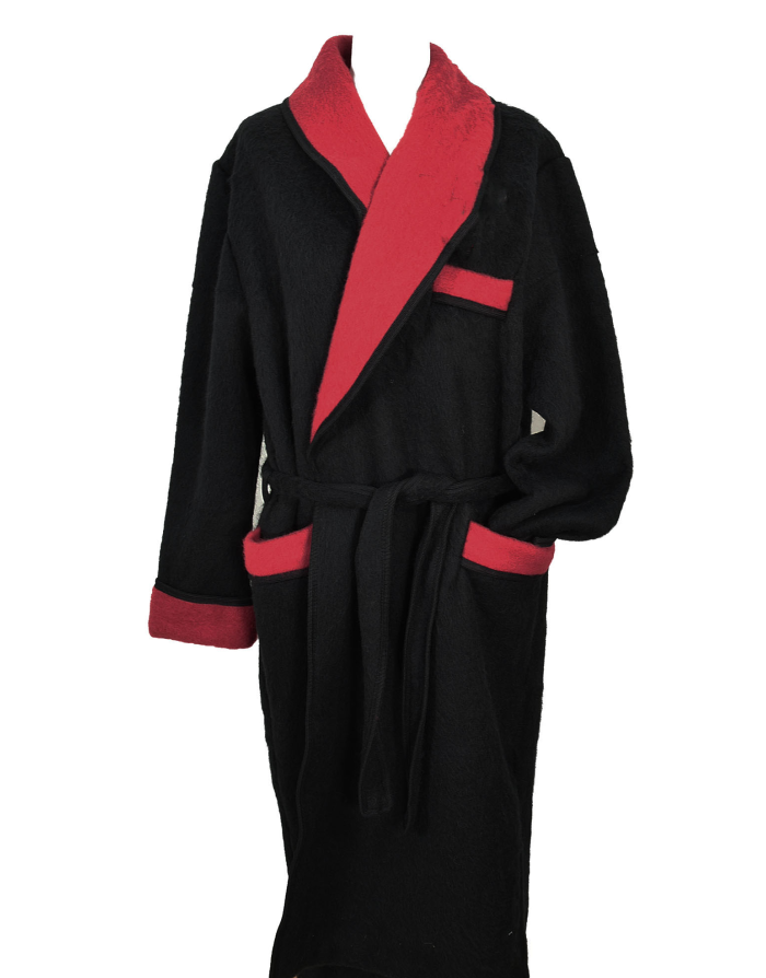 Robe de chambre homme laine des Pyrénées uni noir col rouge