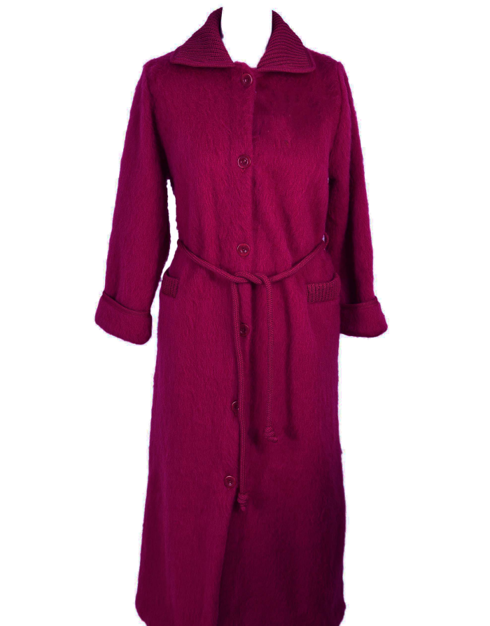 Robe de chambre laine des Pyrénées boutonnée col tricot framboise