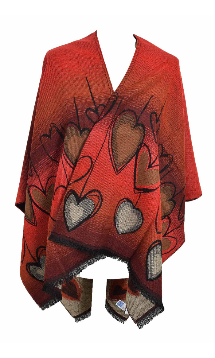 cape poncho acrylique rouge avec des coeurs